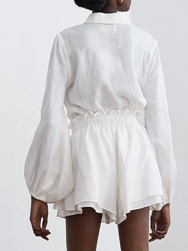 Lined Solid Shirt Ruffle Hem Shorts Set