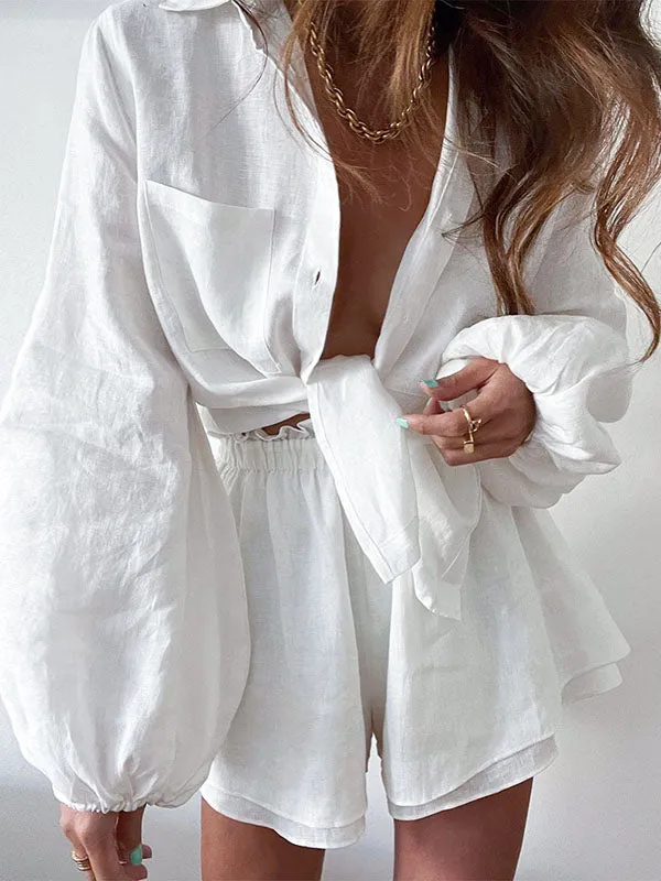 Lined Solid Shirt Ruffle Hem Shorts Set