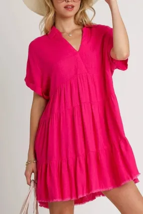 Linen Blend Short Dress with Frayed Hem- Hot Pink