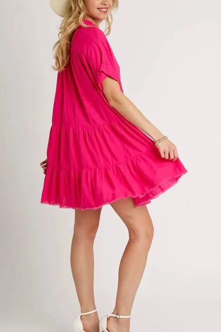 Linen Blend Short Dress with Frayed Hem- Hot Pink