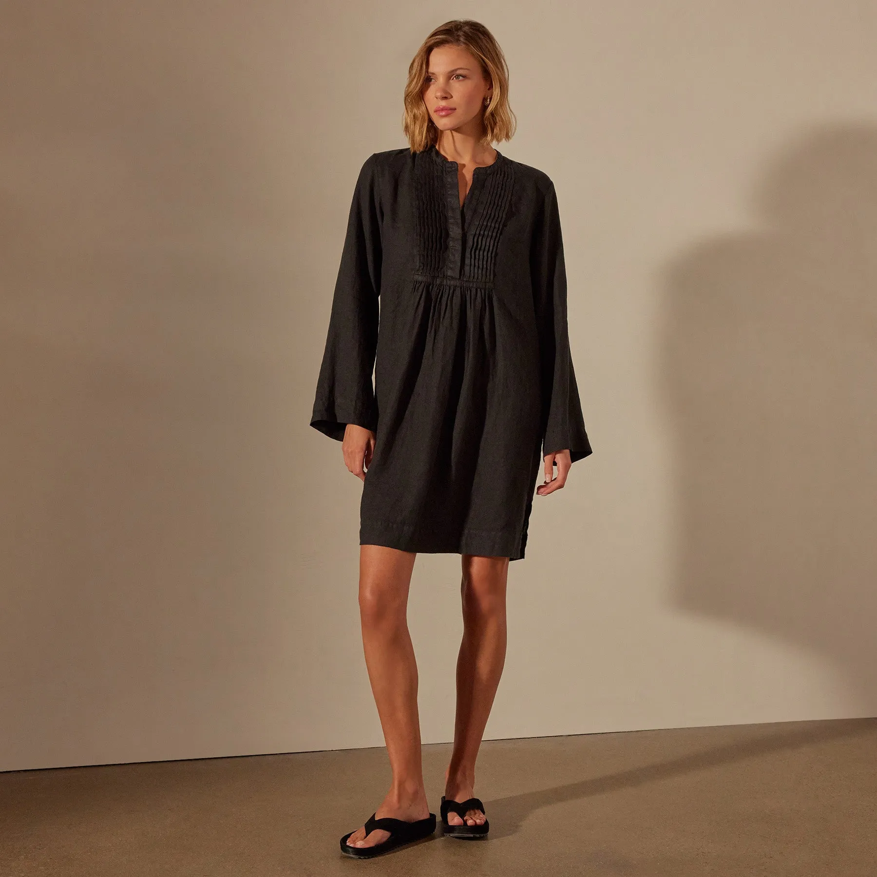 Linen Pin Tuck Dress - Black