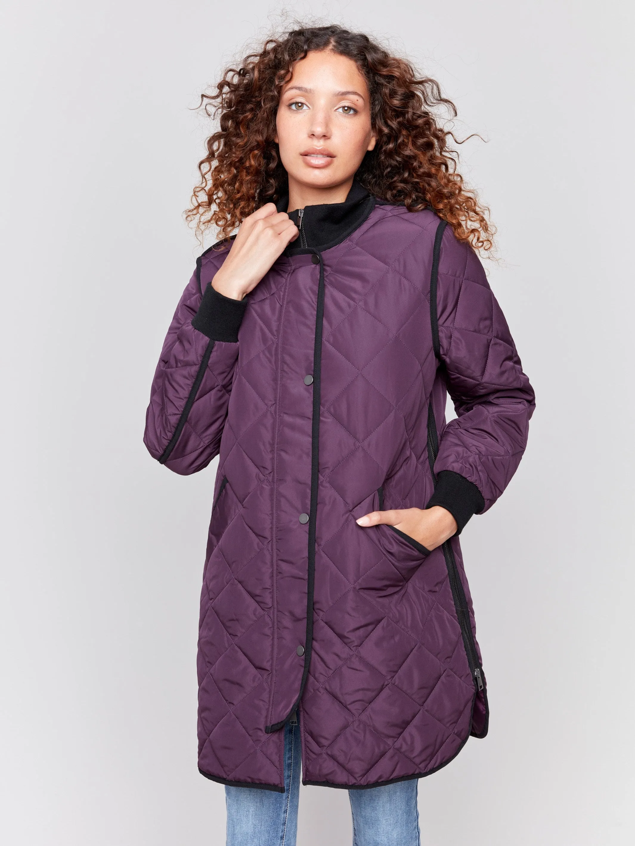 Long Quilted Puffer Jacket - Plum