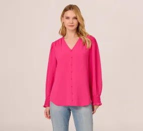 Long Sleeve Covered Button Up Top With V Neck In Hot Pink