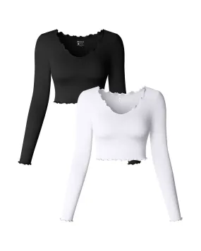 Long Sleeve V Neck Crop Tops Ruffled