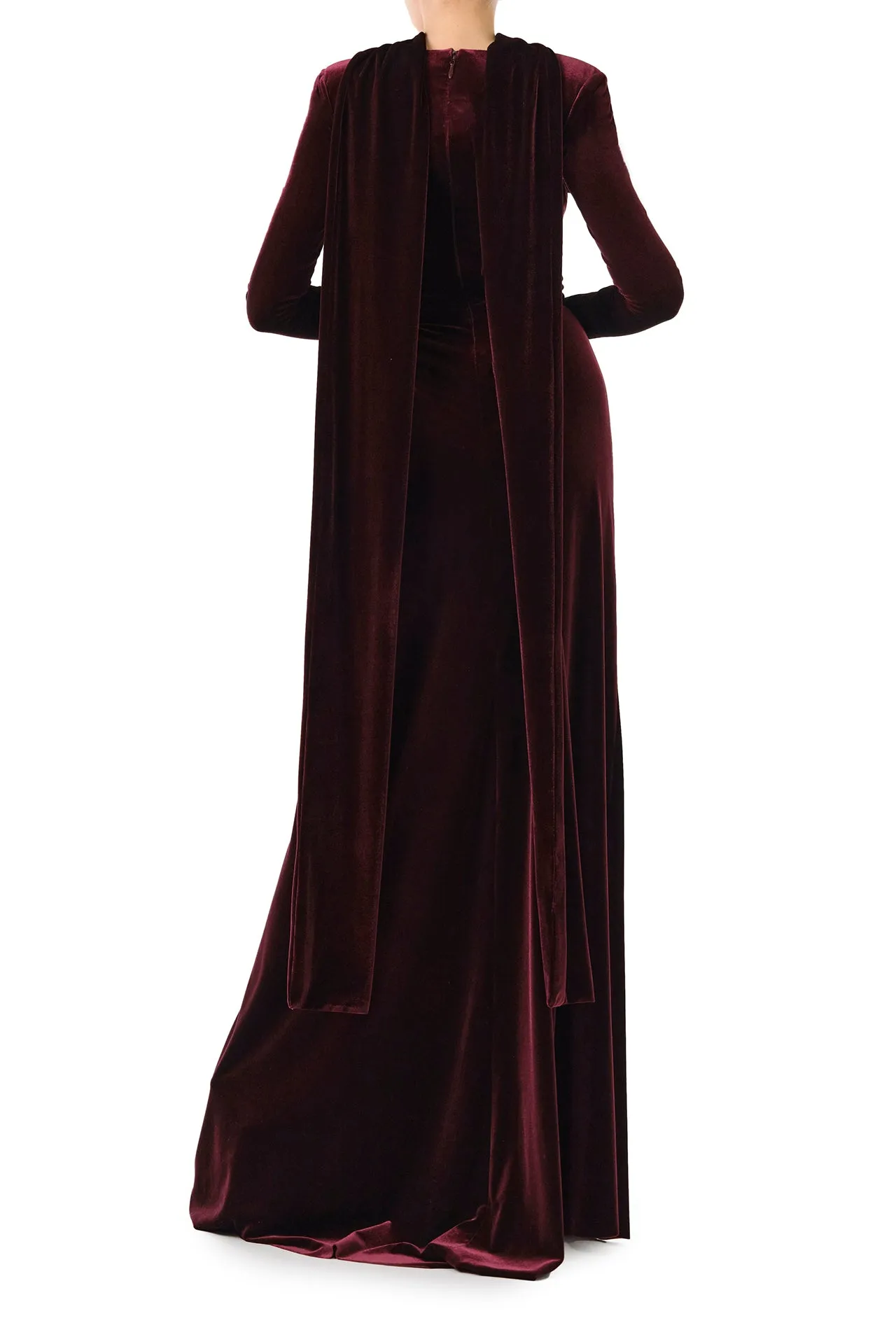 Long Sleeve Velour Gown With Scarf