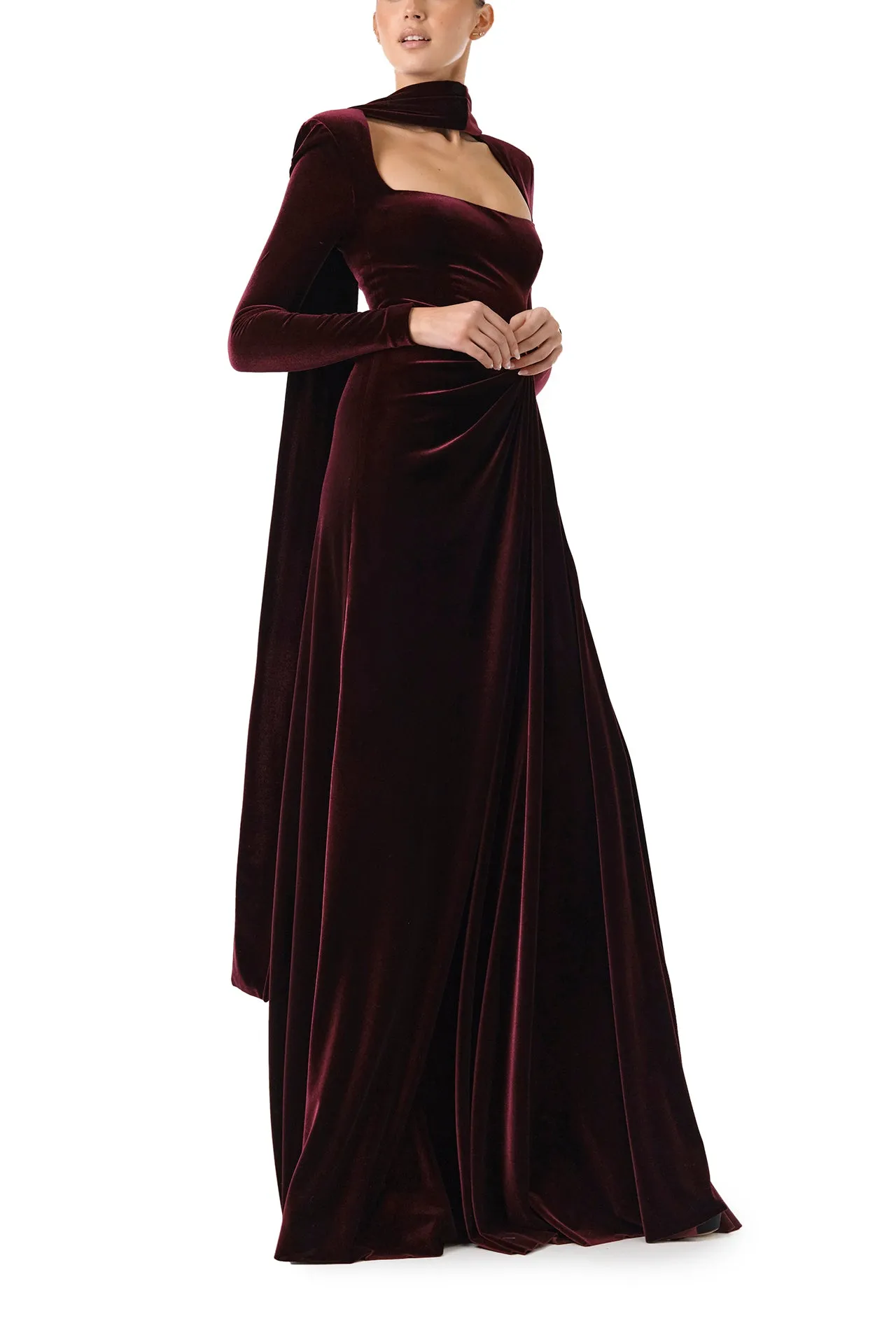 Long Sleeve Velour Gown With Scarf