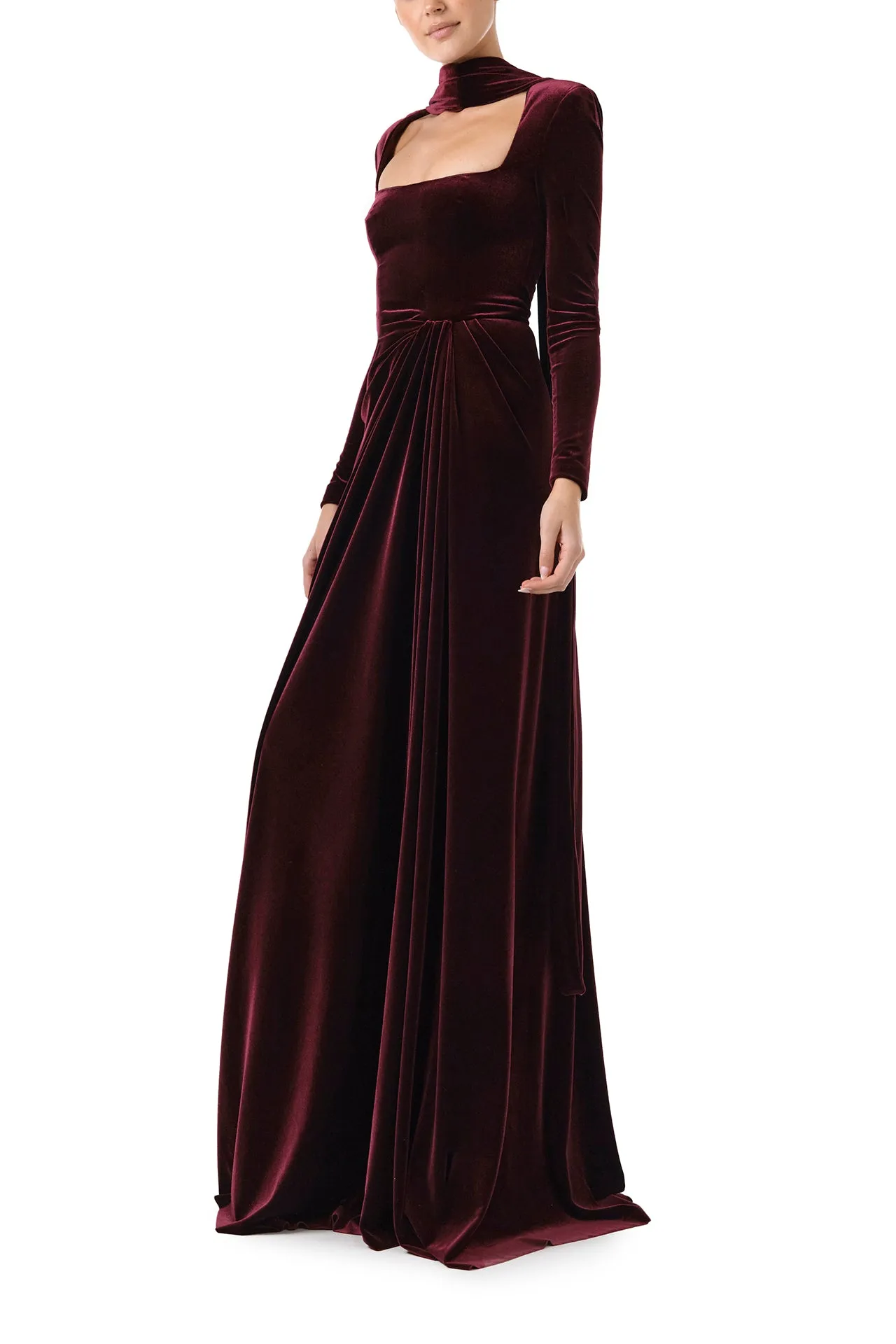 Long Sleeve Velour Gown With Scarf