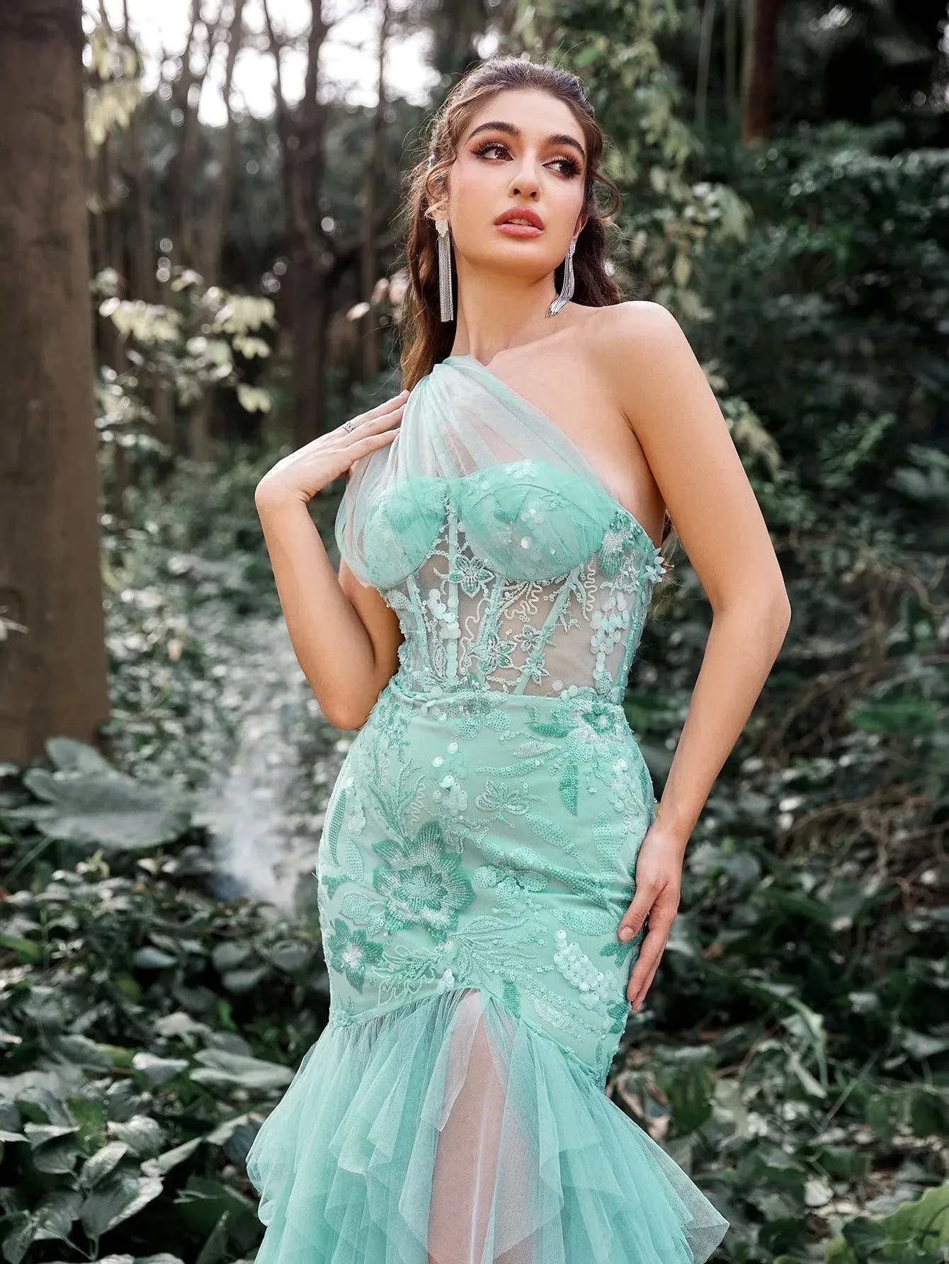 Luxury One Shoulder Tulle Overlay Mermaid Hem Floral Sequin Prom Dress