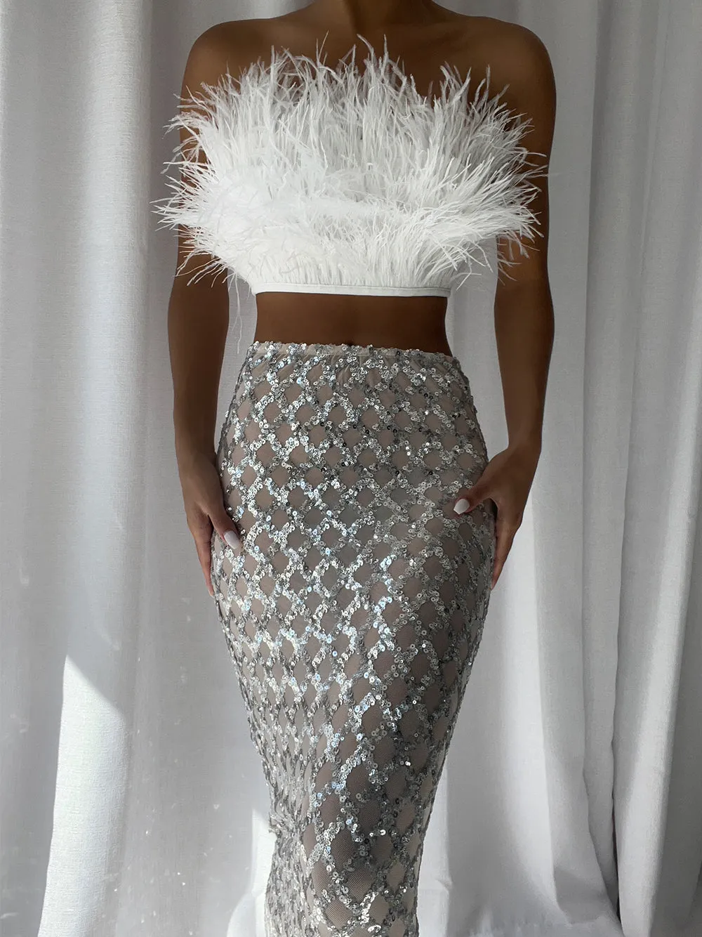 MAGLINA Feather Top & Sequins Skirt Set in White