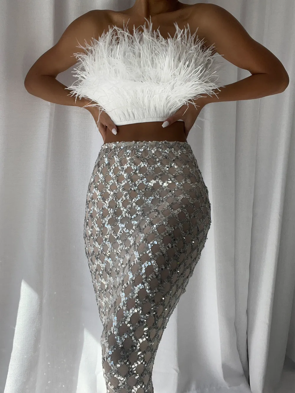 MAGLINA Feather Top & Sequins Skirt Set in White