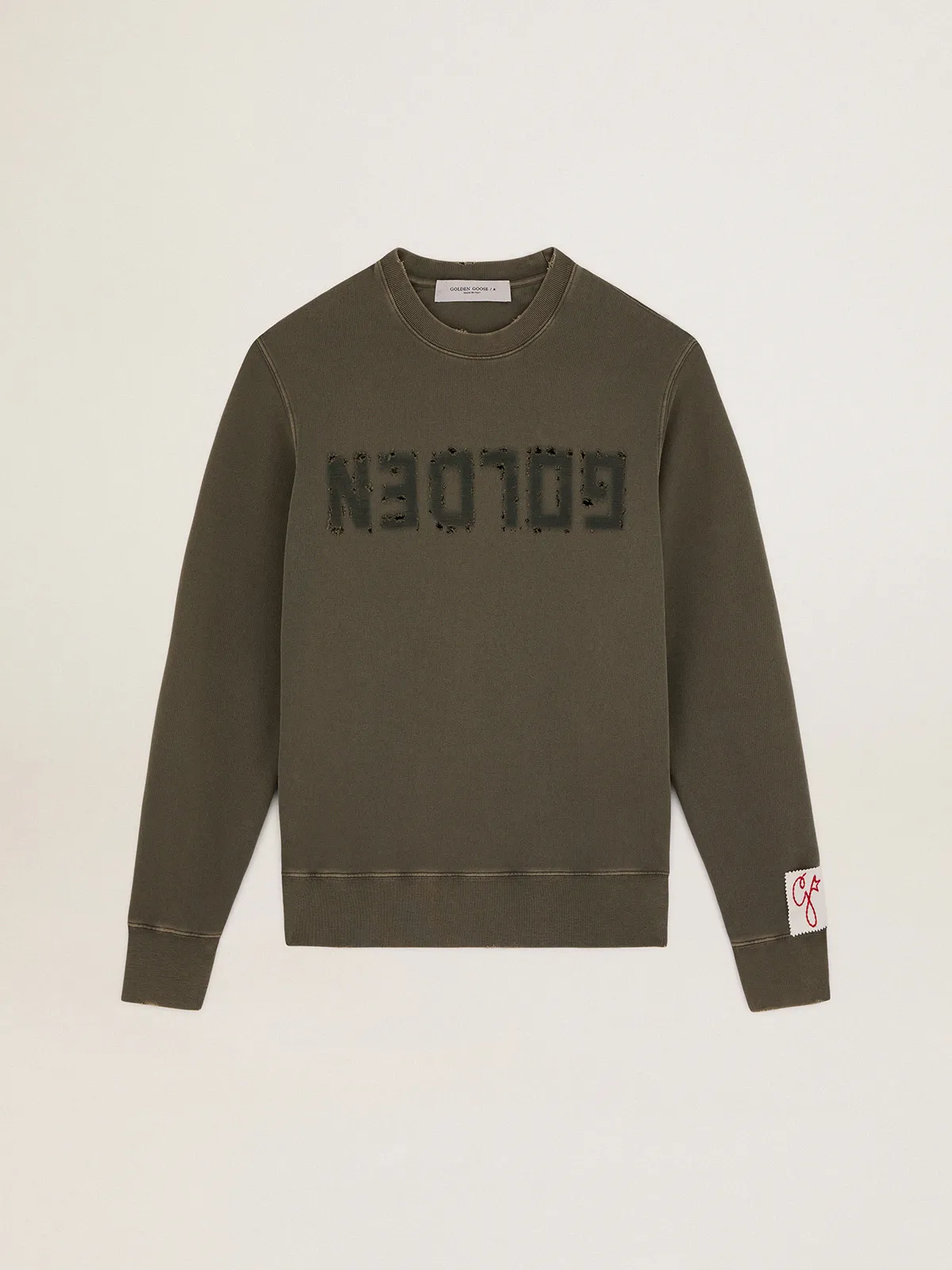 Men's olive green sweatshirt with Golden lettering