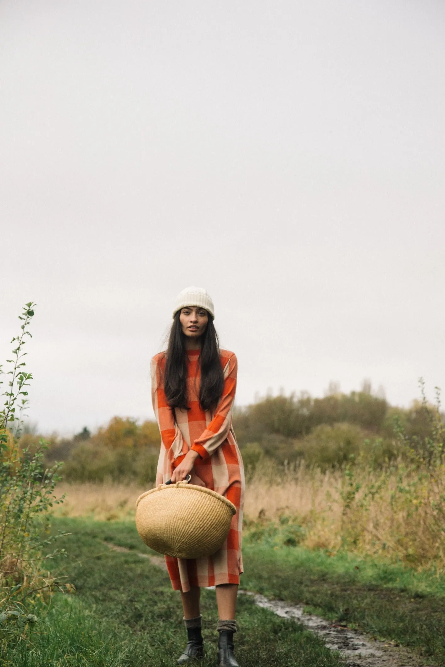 Miki-Cay Organic Cotton Knitted Check Dress in Brick and Sand