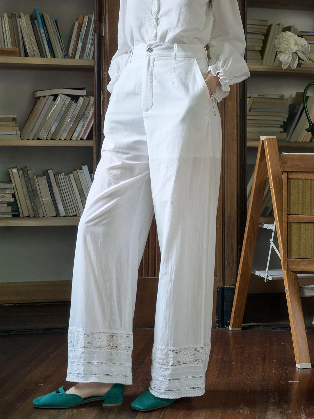 Miranda Hollow Lace Wide-leg Cotton Casual Trousers