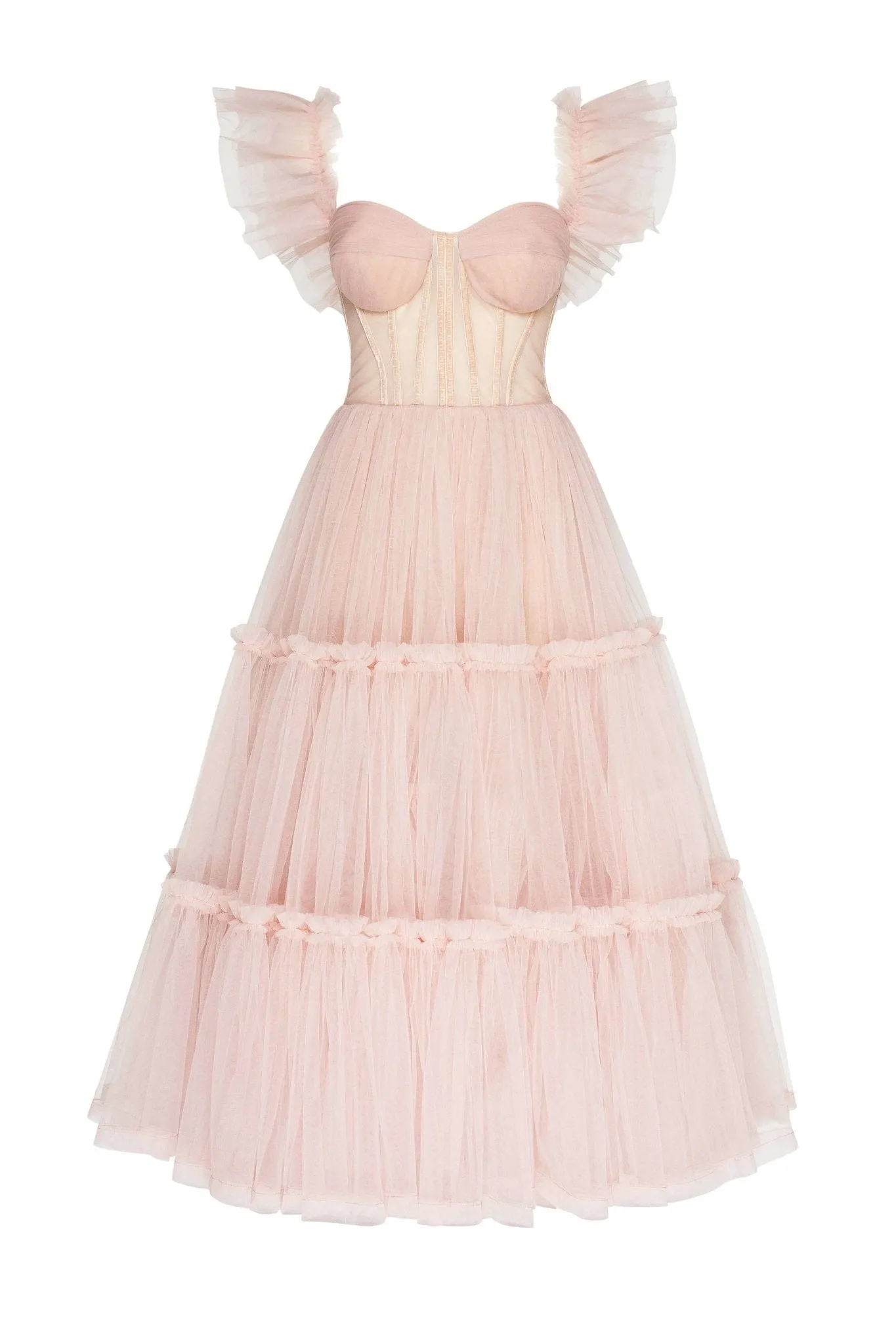 Misty Rose Ruffled Tulle Midi Dress