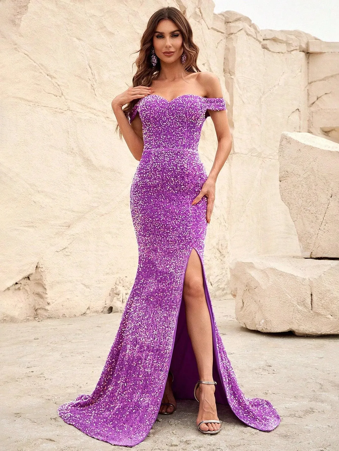 Off Shoulder Sweetheart Neckline High Slit Dress