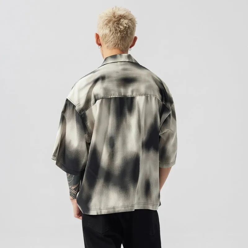 Oversized Ribbed-Effect Tie-Dye Button-Up Shirt