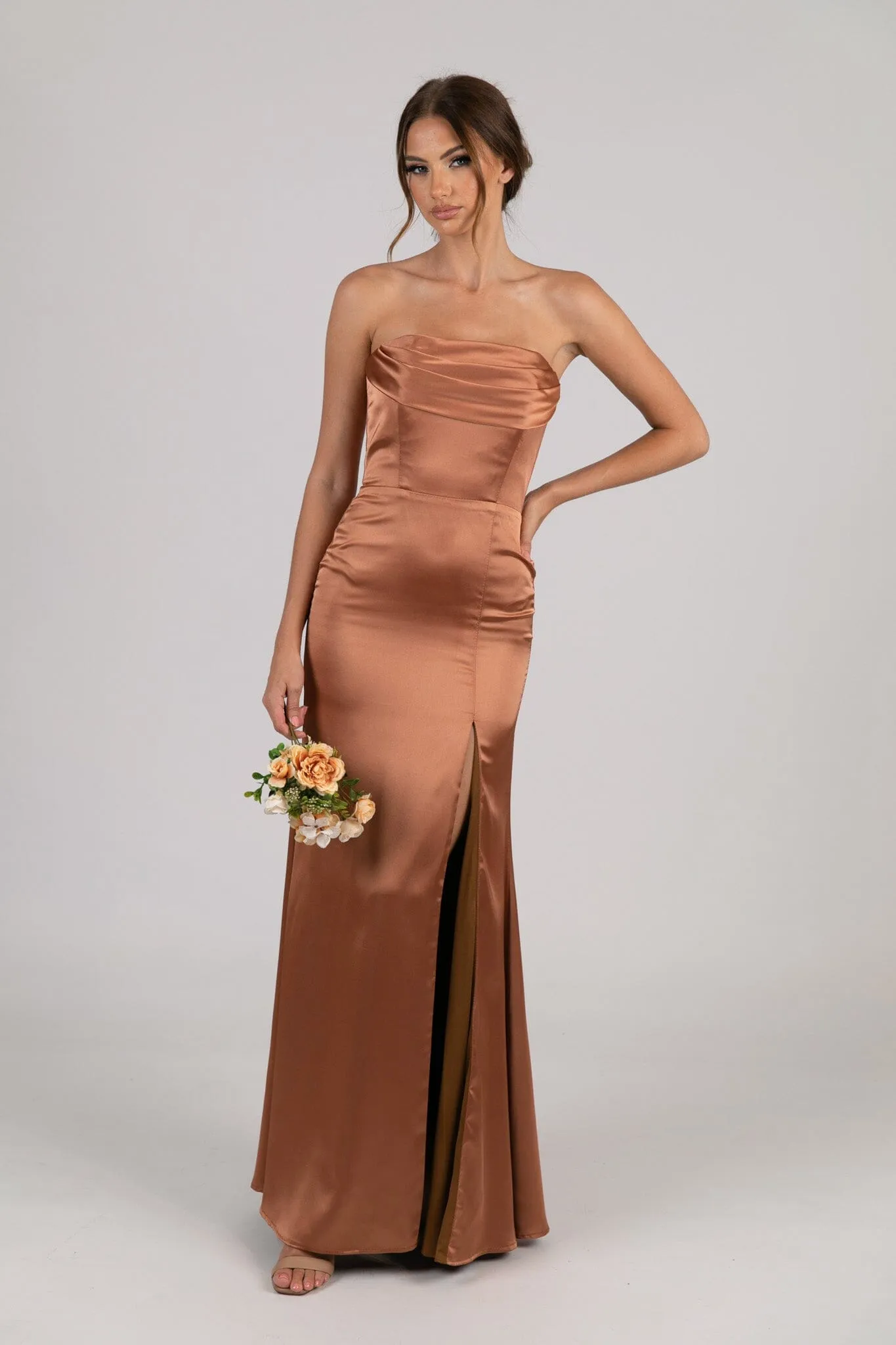 Peyton Strapless Satin Maxi Dress - Terracotta