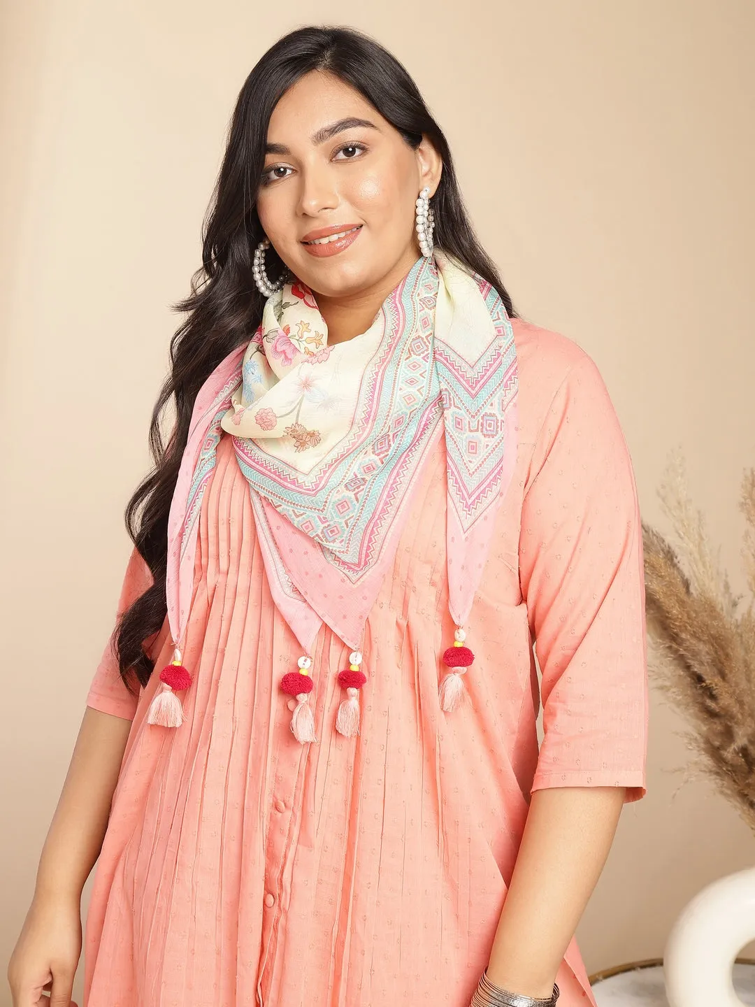 Plus Size Peach Dobby Cotton Self Design A-Line Scarf Set