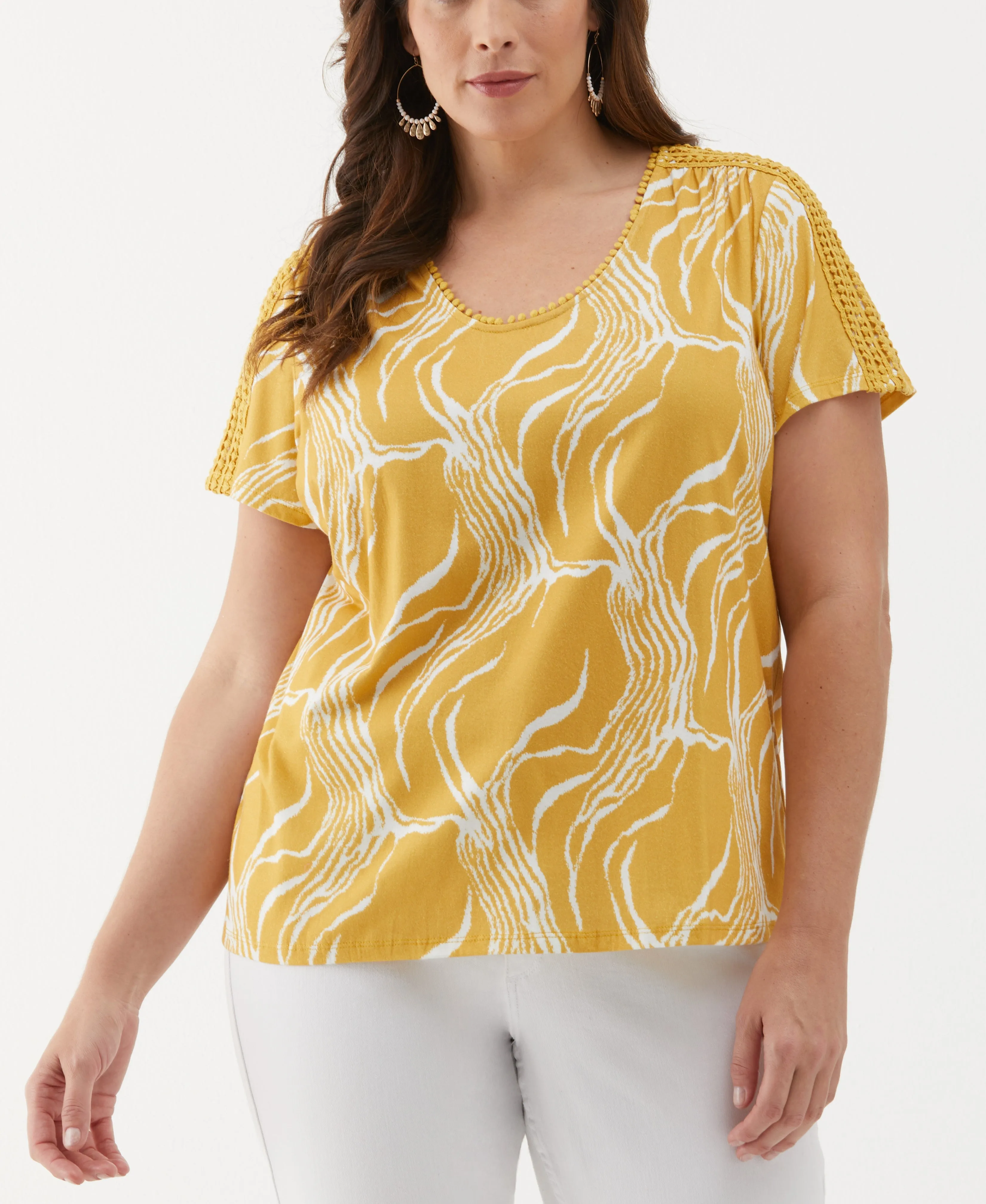 Plus Size Ripple Print Dot Trim Tee