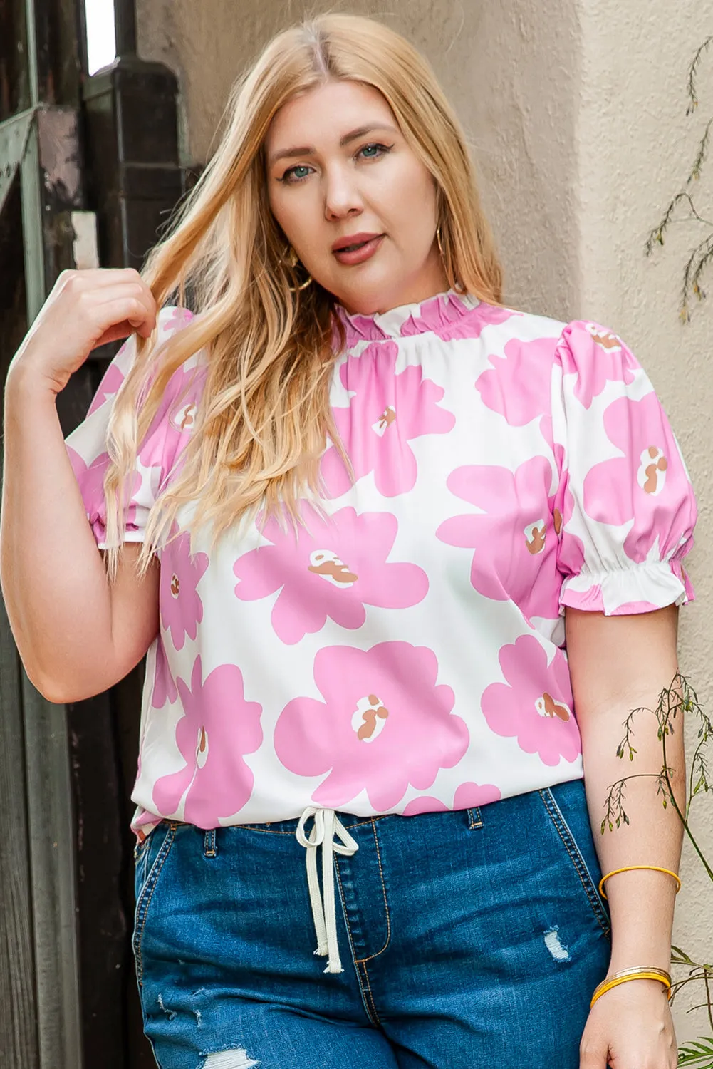 Purple Floral Ruffled Mock Neck Puff Sleeve Plus Size Blouse