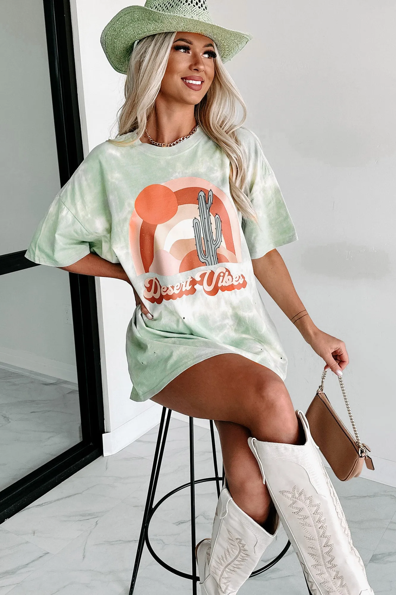 "Desert Dusk" Oversized Distressed Tie-Dye Graphic T-Shirt (Pastel Green) - Print On Demand