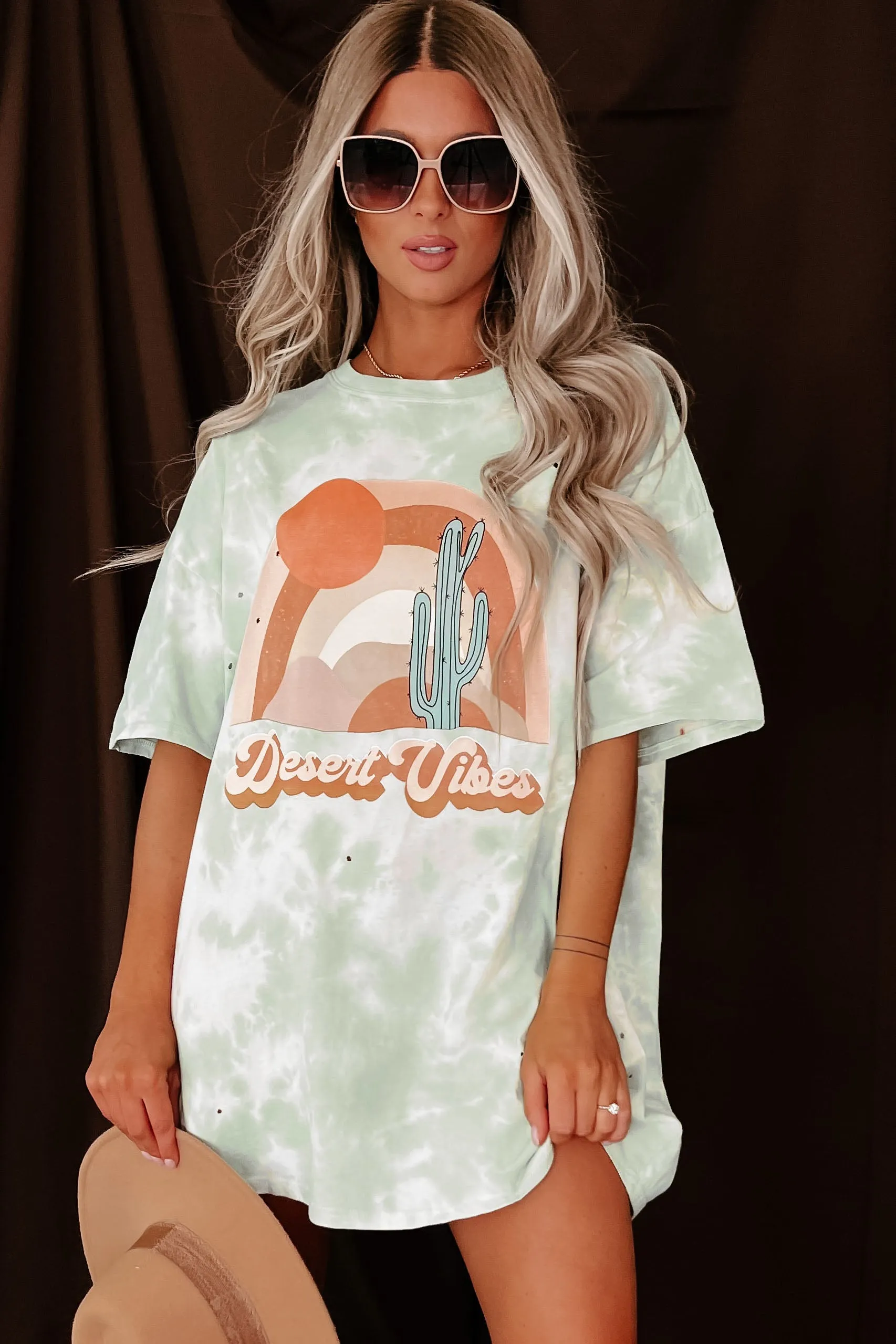 "Desert Dusk" Oversized Distressed Tie-Dye Graphic T-Shirt (Pastel Green) - Print On Demand