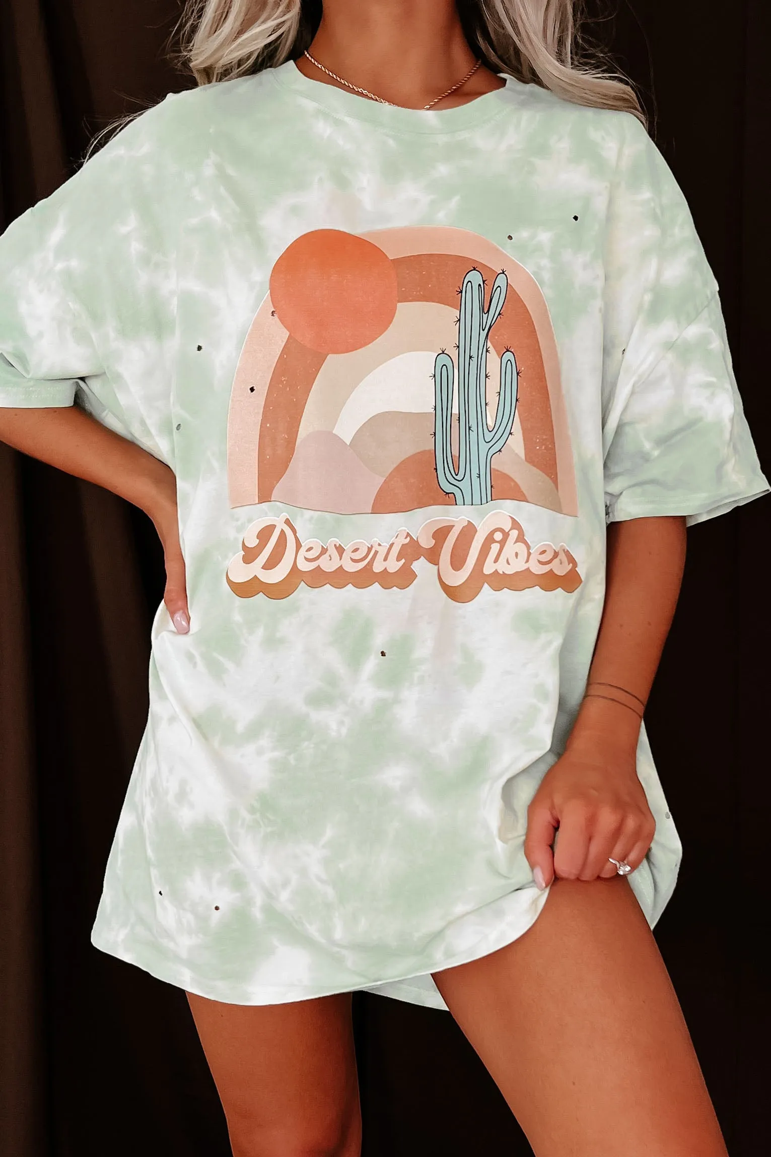 "Desert Dusk" Oversized Distressed Tie-Dye Graphic T-Shirt (Pastel Green) - Print On Demand