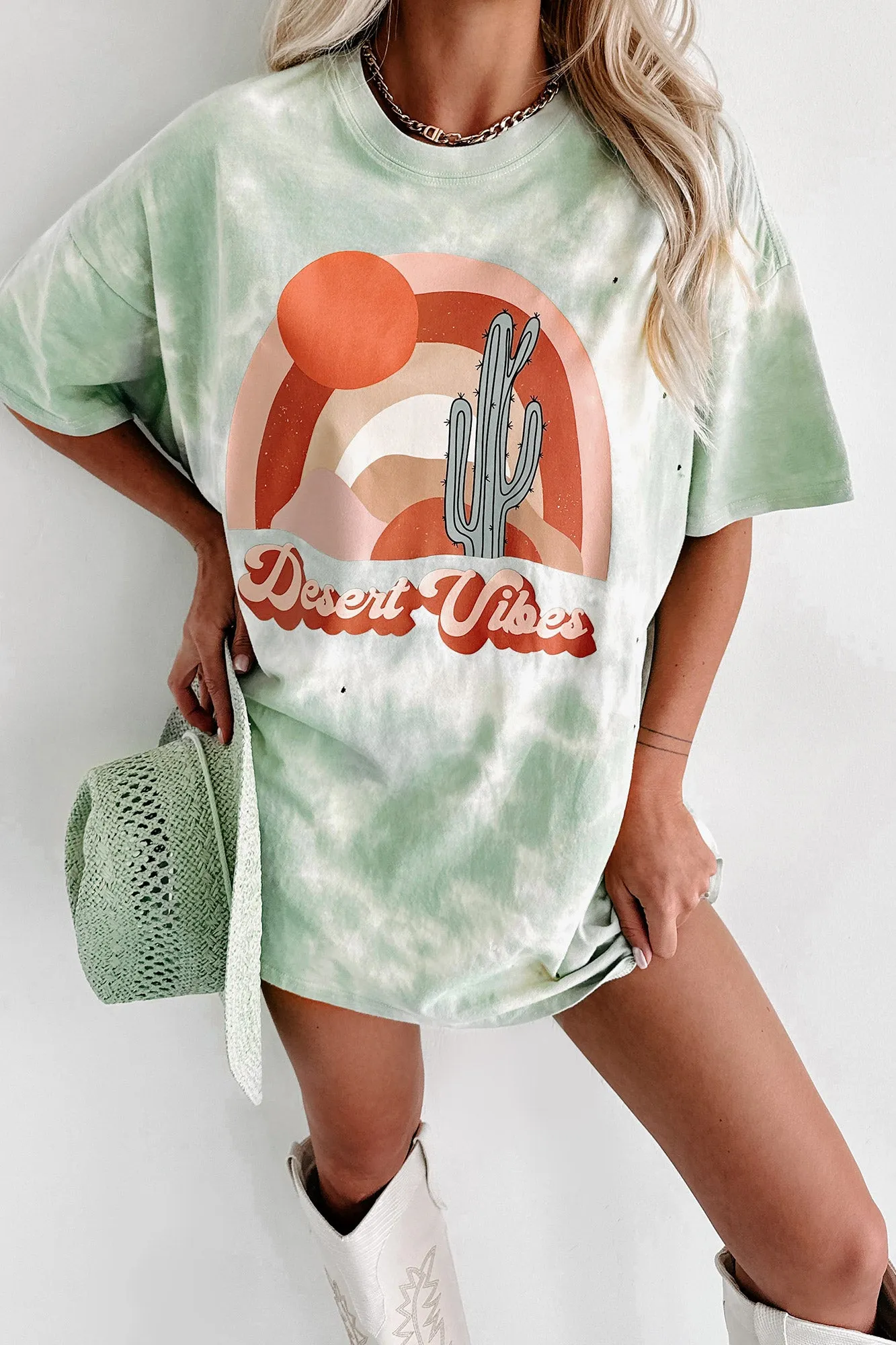 "Desert Dusk" Oversized Distressed Tie-Dye Graphic T-Shirt (Pastel Green) - Print On Demand