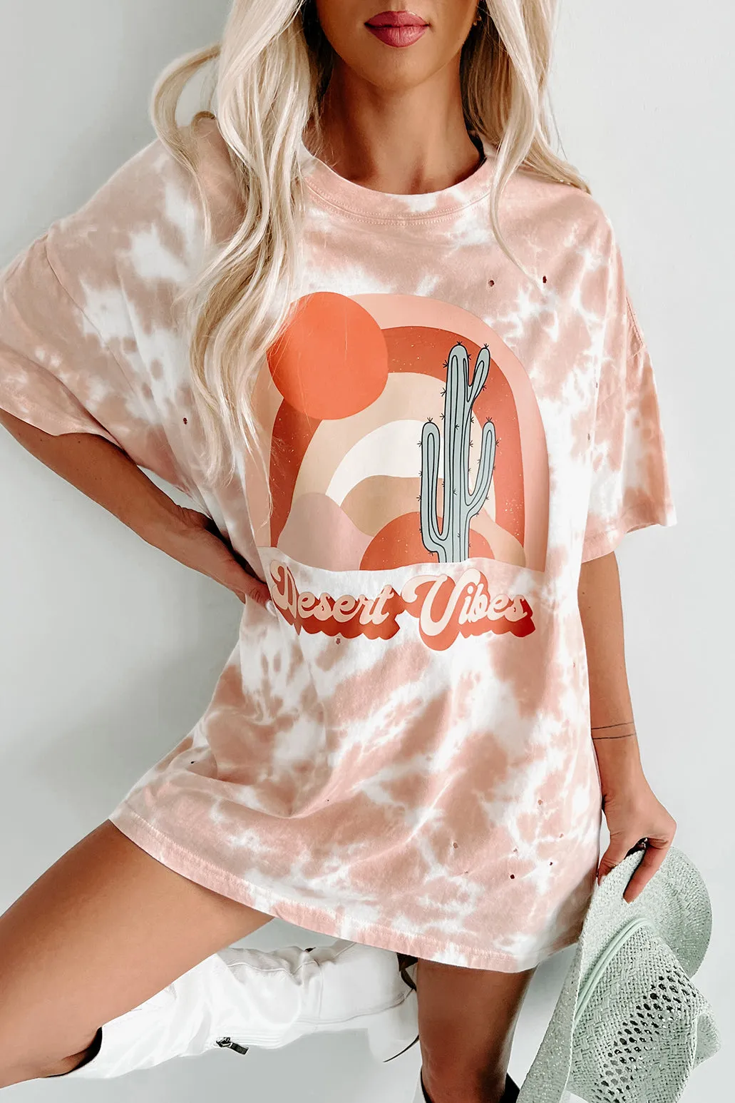 "Desert Dusk" Oversized Distressed Tie-Dye Graphic T-Shirt (Pastel Pink) - Print On Demand