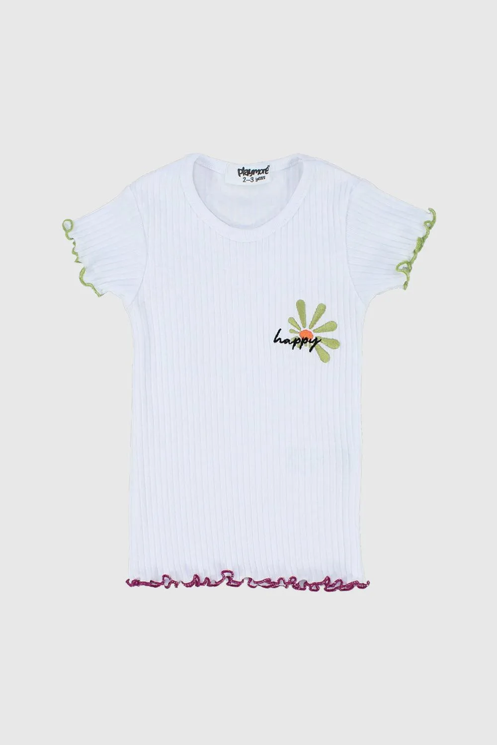 "Happy Sun" White Ribbed Short-Sleeved T-Shirt