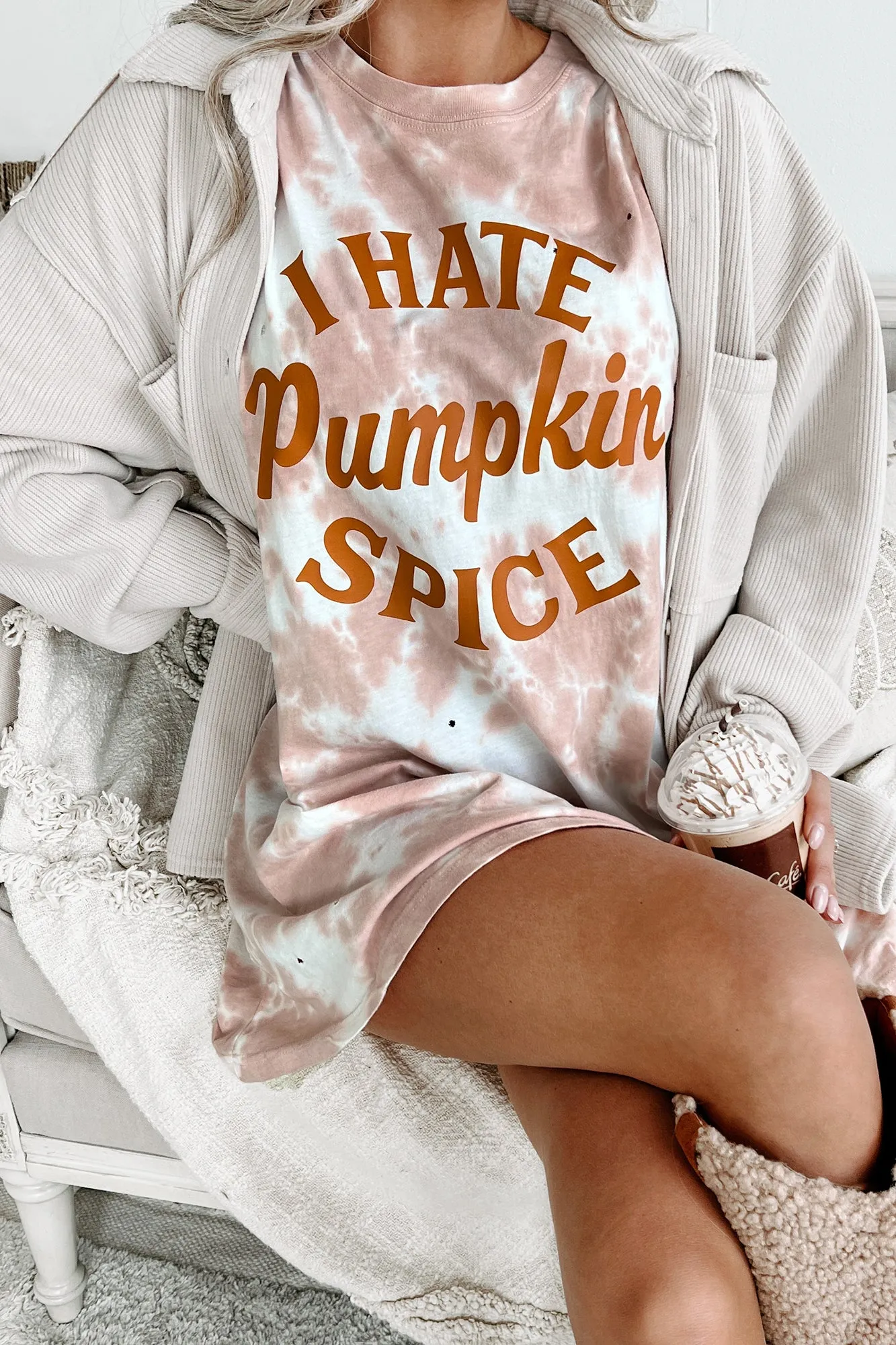 "I Hate Pumpkin Spice" Oversized Distressed Tie-Dye Graphic T-Shirt (Pastel Pink) - Print On Demand