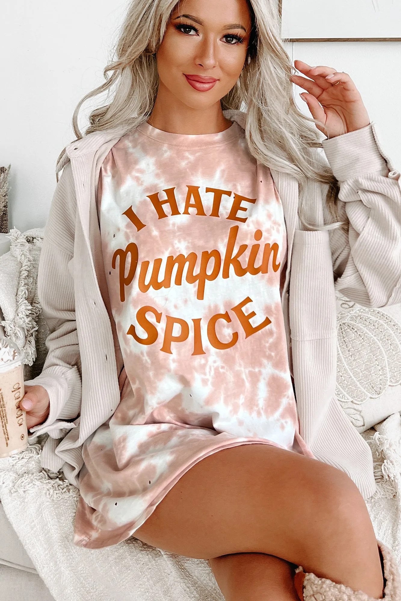 "I Hate Pumpkin Spice" Oversized Distressed Tie-Dye Graphic T-Shirt (Pastel Pink) - Print On Demand