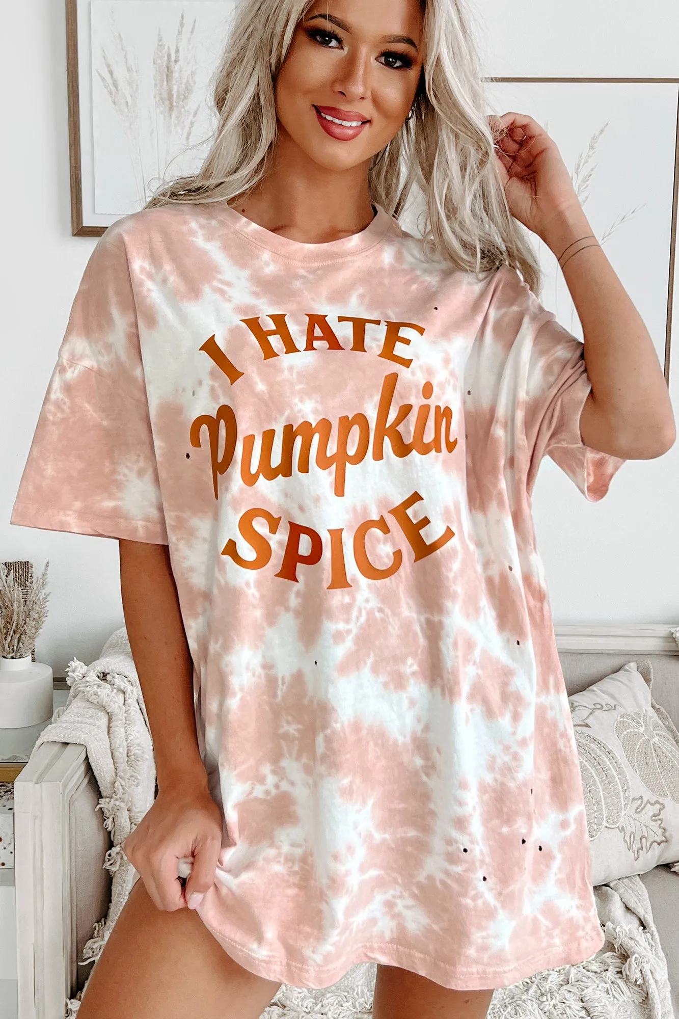 "I Hate Pumpkin Spice" Oversized Distressed Tie-Dye Graphic T-Shirt (Pastel Pink) - Print On Demand