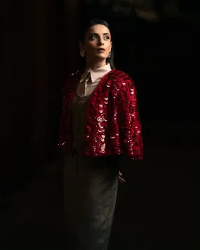 Radhikka Madan in Essential Jersey Shirt with Alex Waistcoat 2.0 Corp Skirt and Max Cape