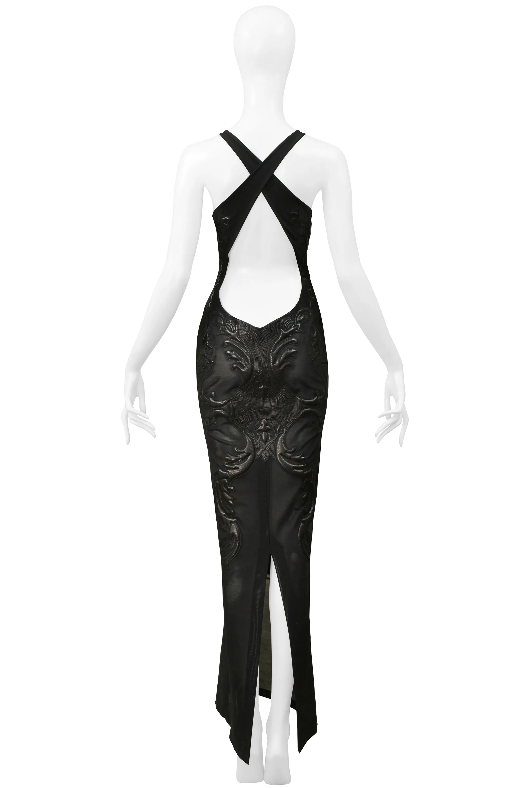 ROBERTO CAVALLI BLACK MESH & LEATHER APPLIQUE EVENING GOWN 2002