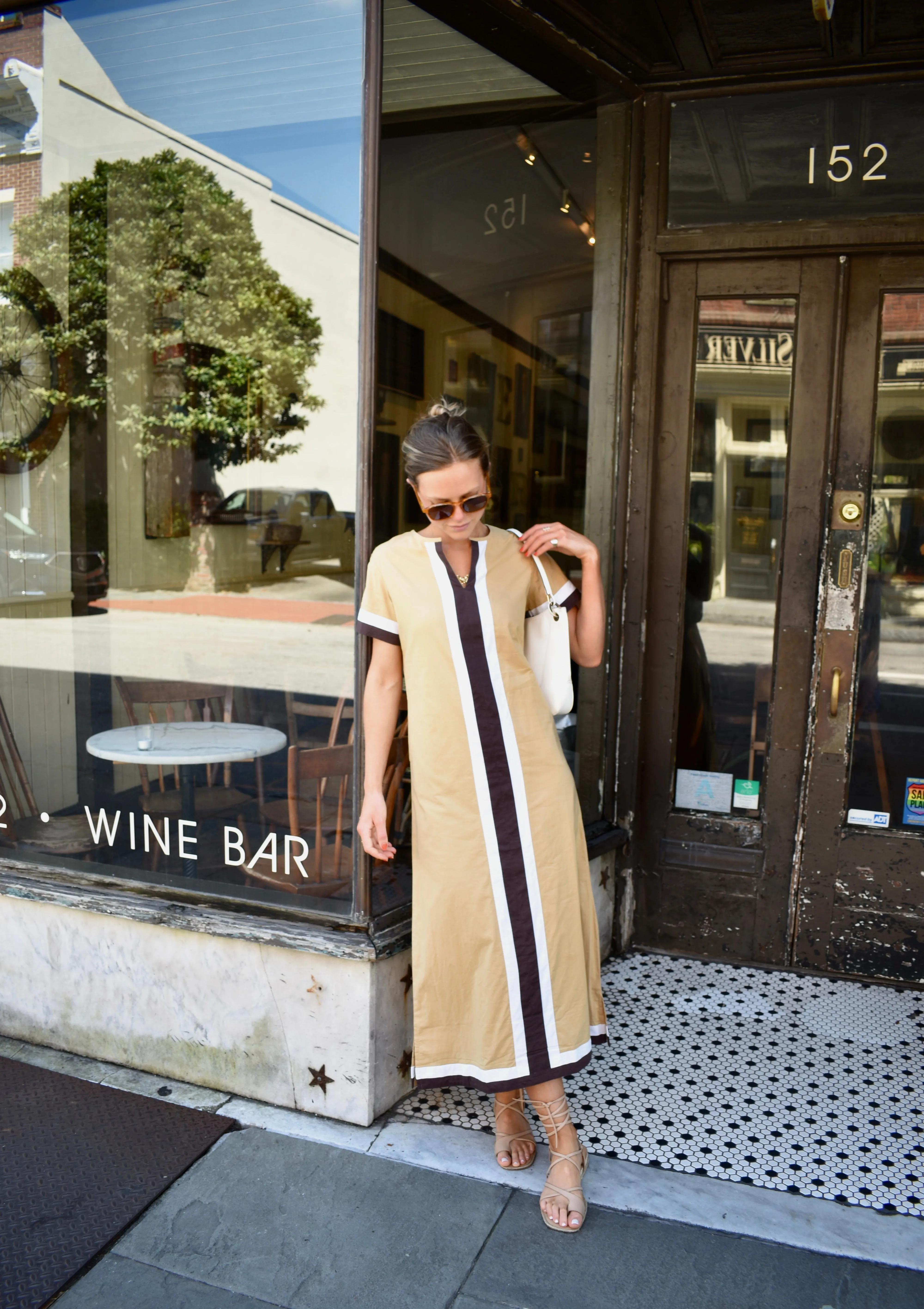 Sara Maxi Dress Short Sleeve Brown with Stripe