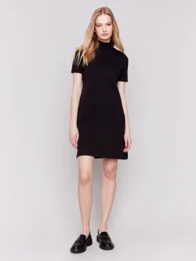 Short-Sleeve Mock Neck Sweater Dress - Black