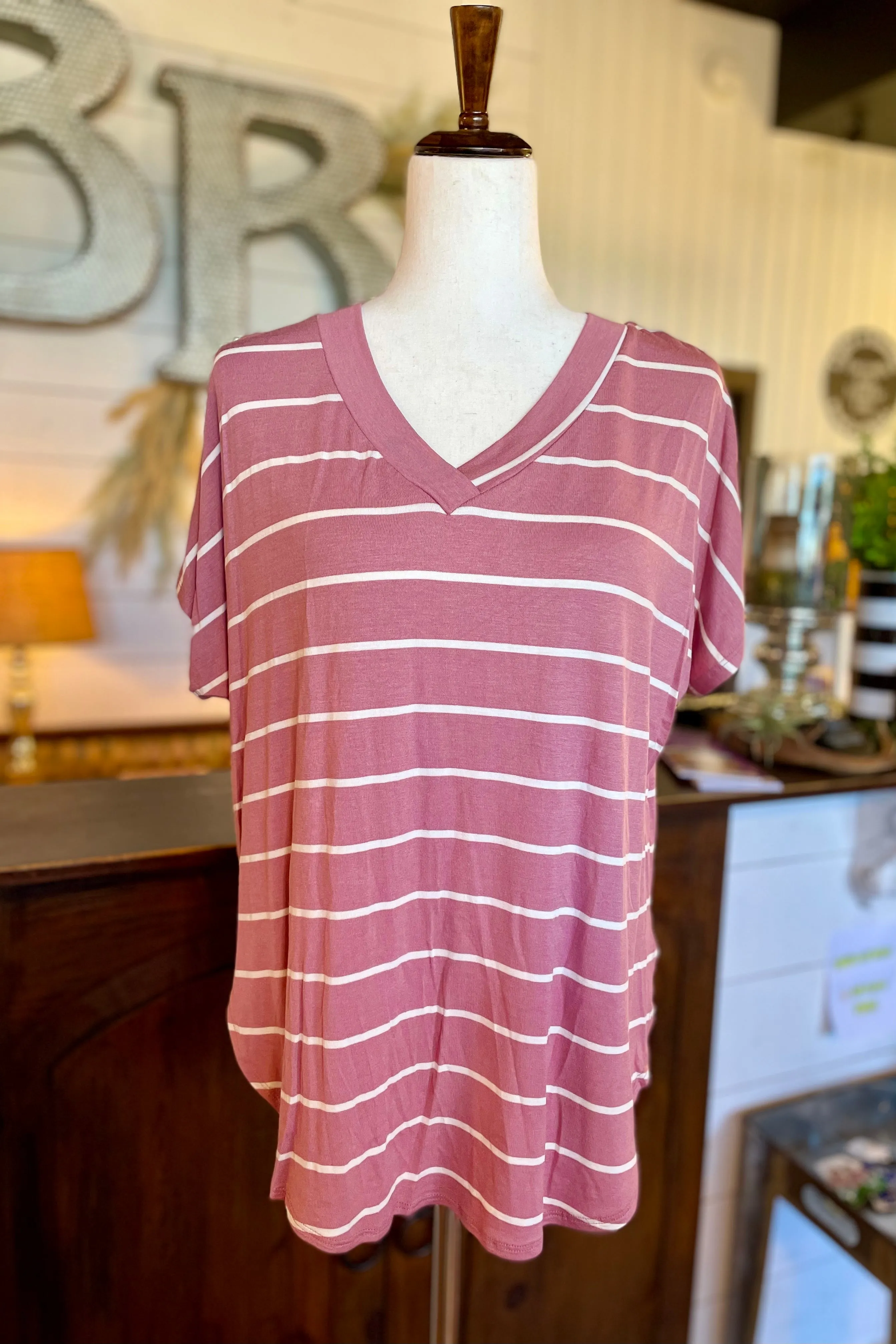 Short Sleeve Striped Loose Fit V-Neck Top- Mauve