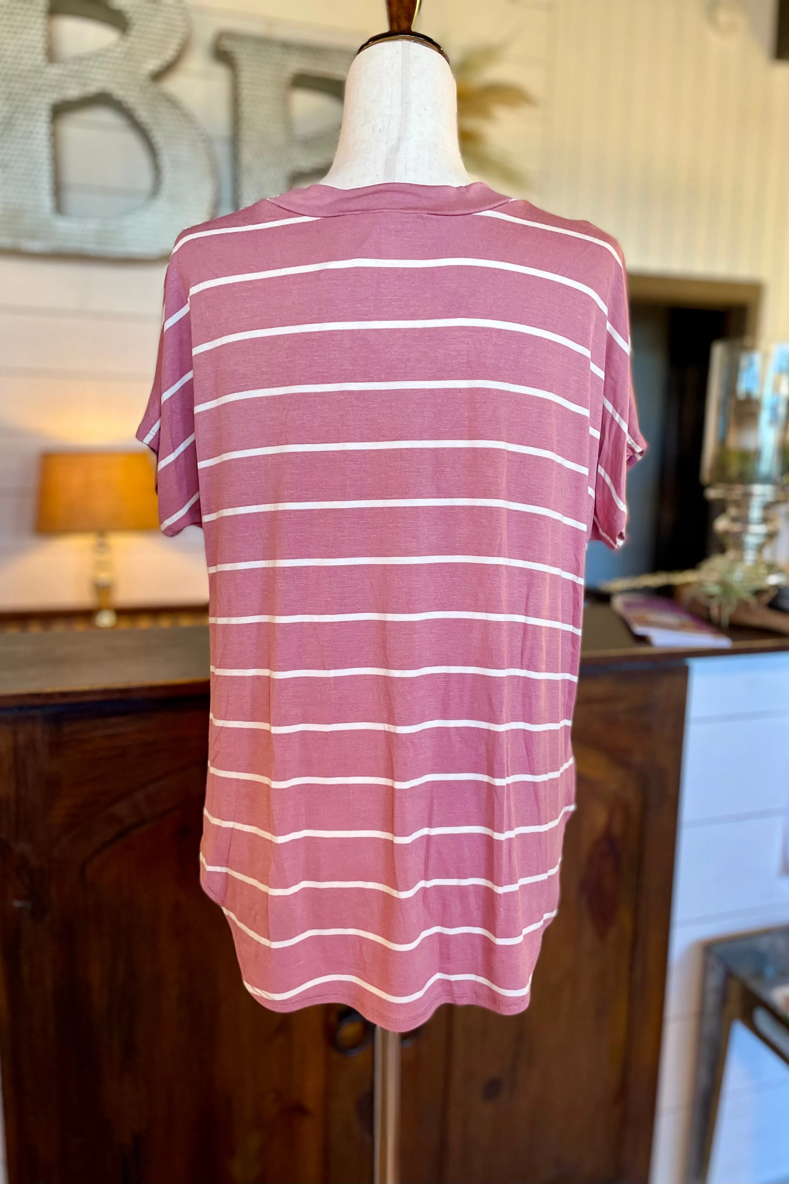 Short Sleeve Striped Loose Fit V-Neck Top- Mauve