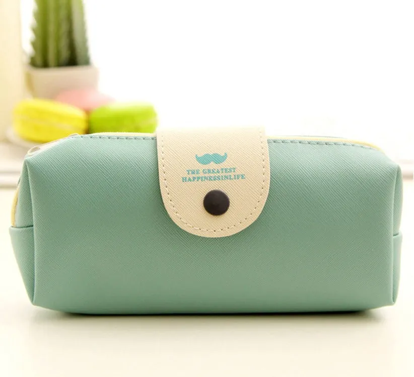 Simple Solid Color Pu Leather Pencil Pouch