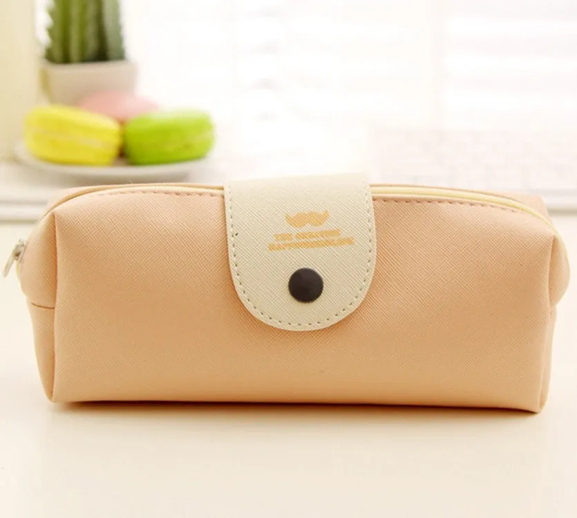 Simple Solid Color Pu Leather Pencil Pouch