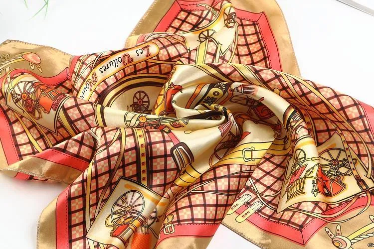 Small Square Satin Scarf Brown Theme Carriage and Belts Print XAT004