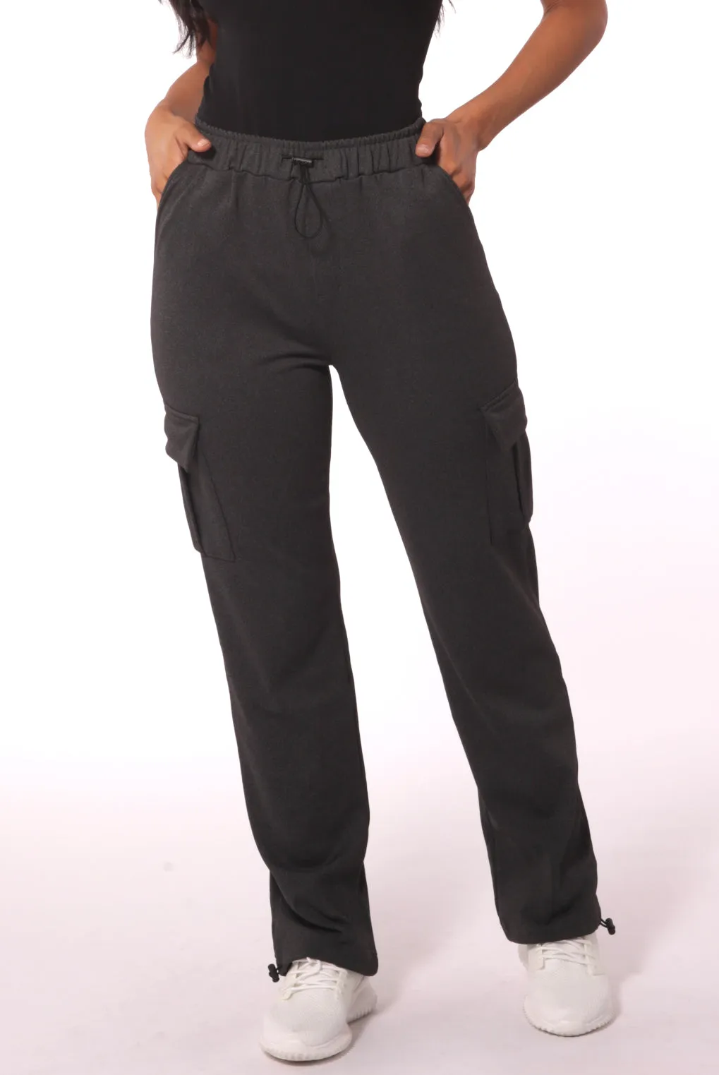 Straight Leg Cargo Pants With Bungee Cord Ties - Charcoal