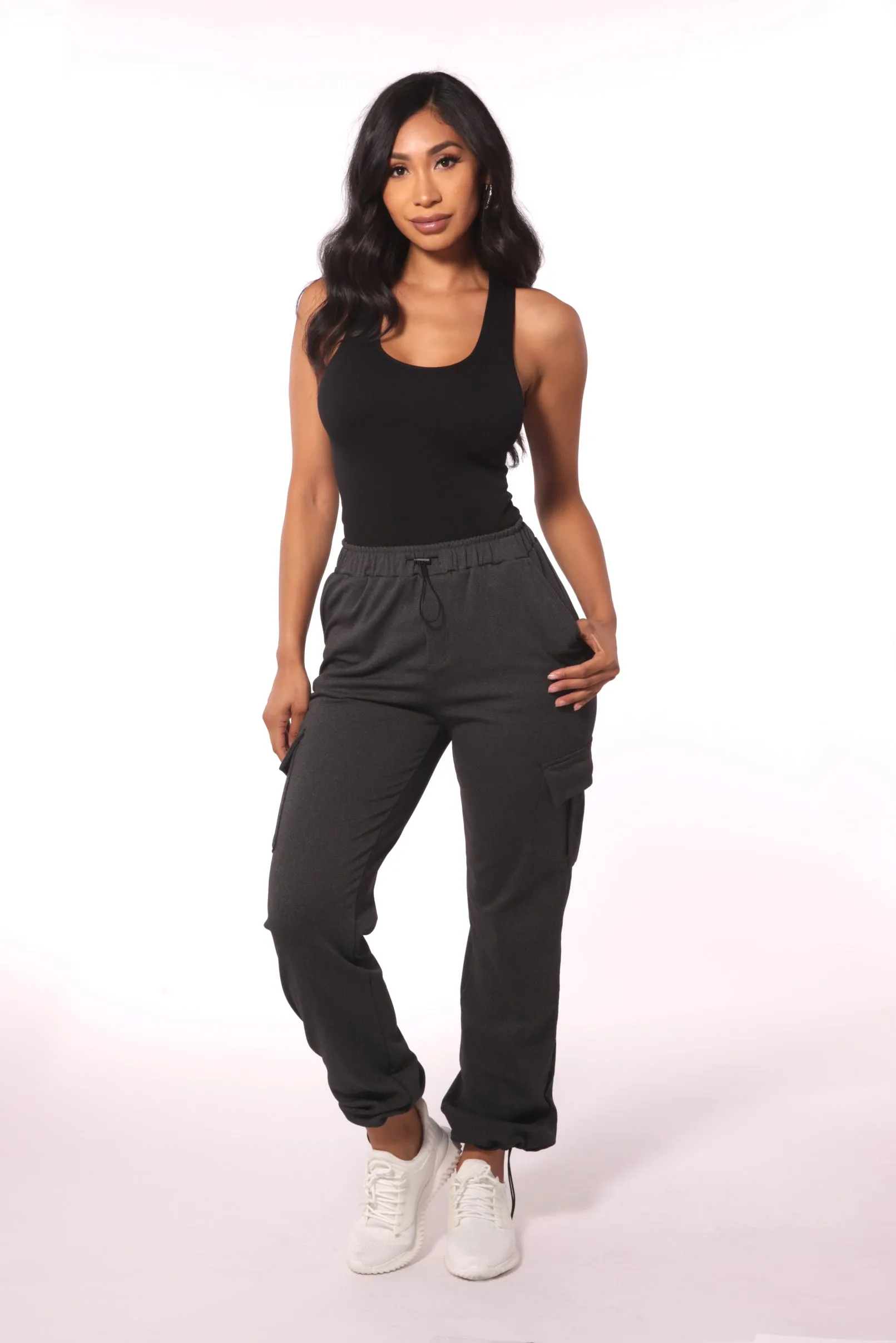 Straight Leg Cargo Pants With Bungee Cord Ties - Charcoal