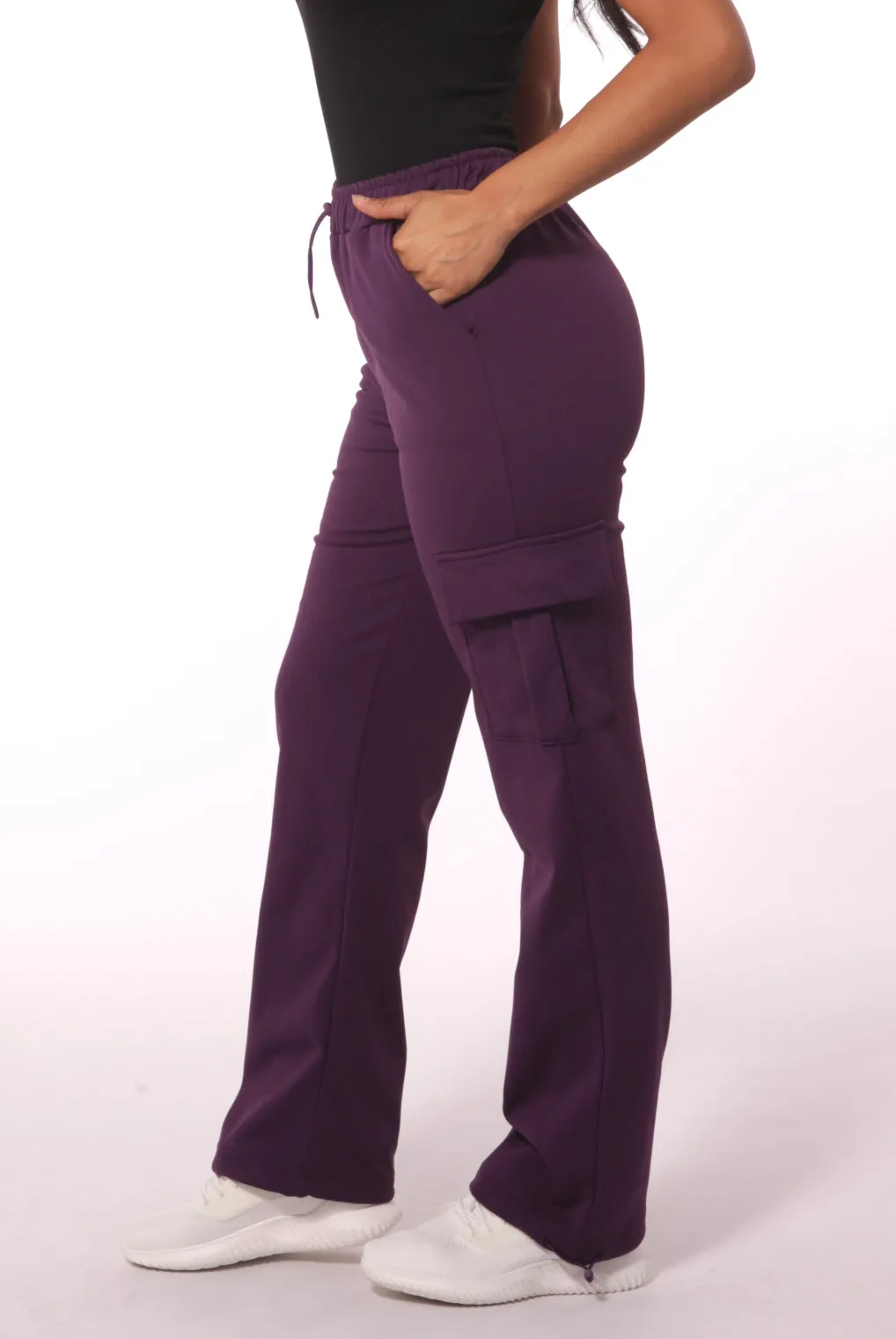 Straight Leg Cargo Pants With Bungee Cord Ties - Purple