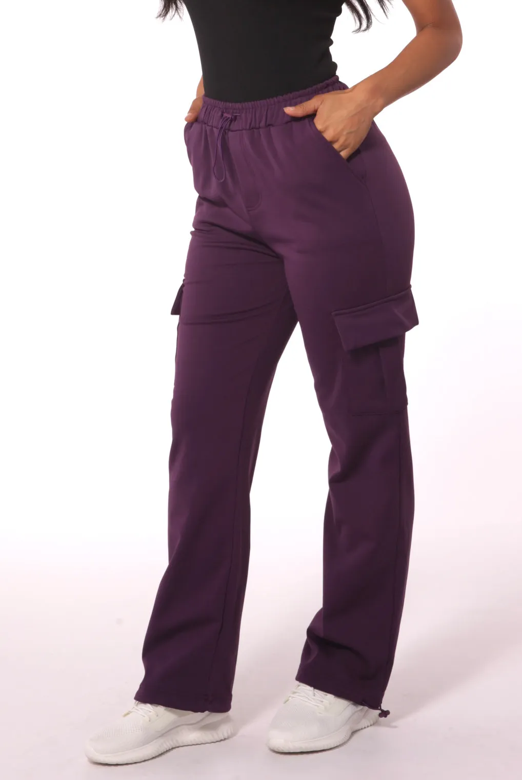 Straight Leg Cargo Pants With Bungee Cord Ties - Purple