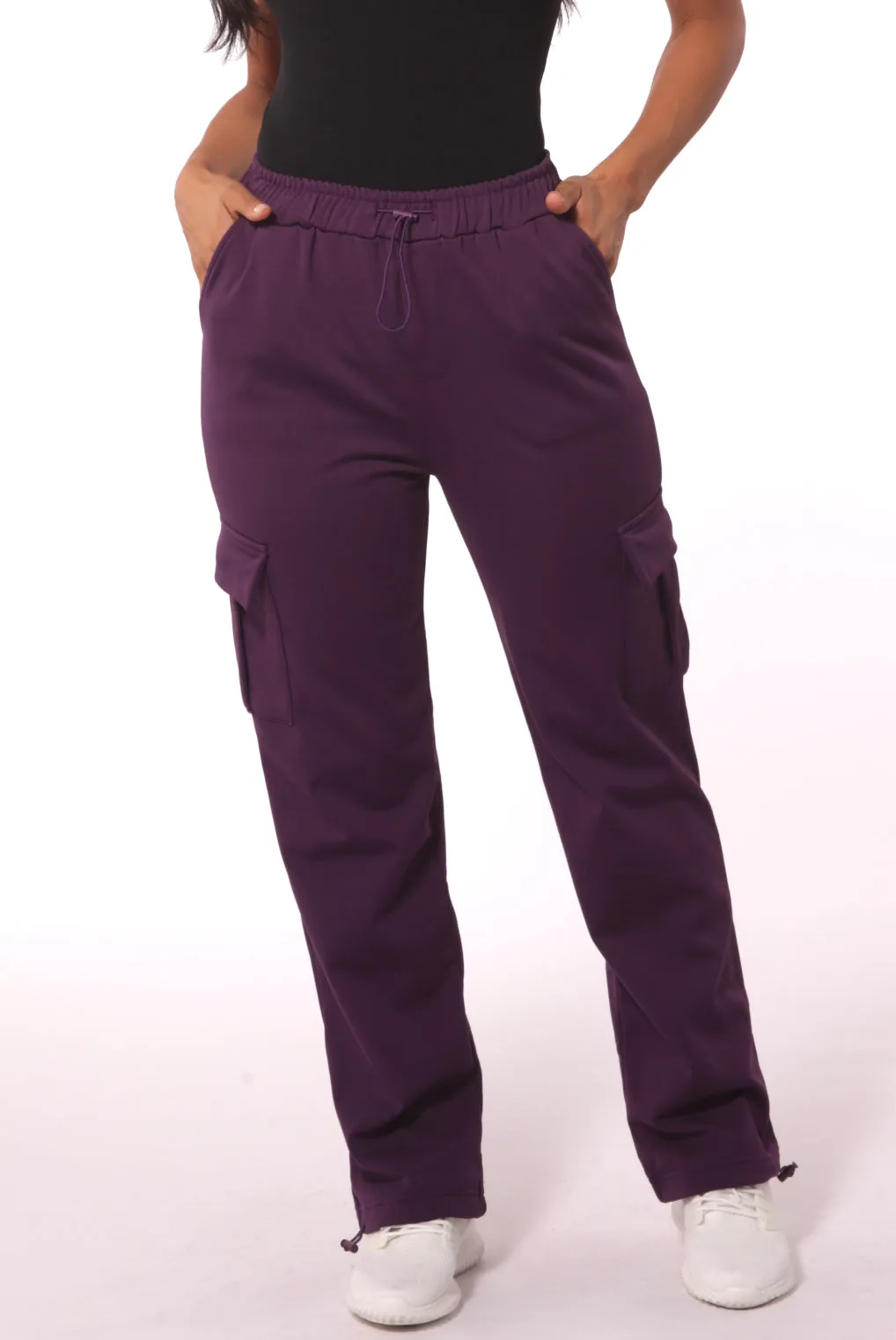 Straight Leg Cargo Pants With Bungee Cord Ties - Purple