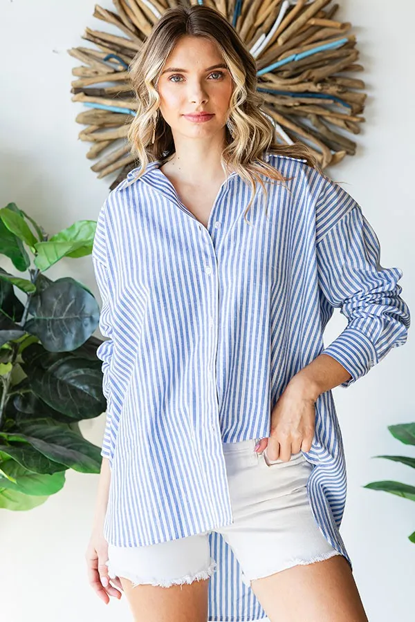 Striped Button Down High-Low Hem Shirt - Online Exclusive