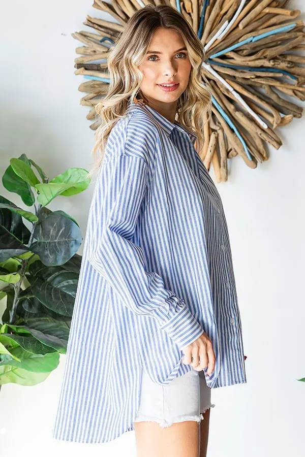 Striped Button Down High-Low Hem Shirt - Online Exclusive