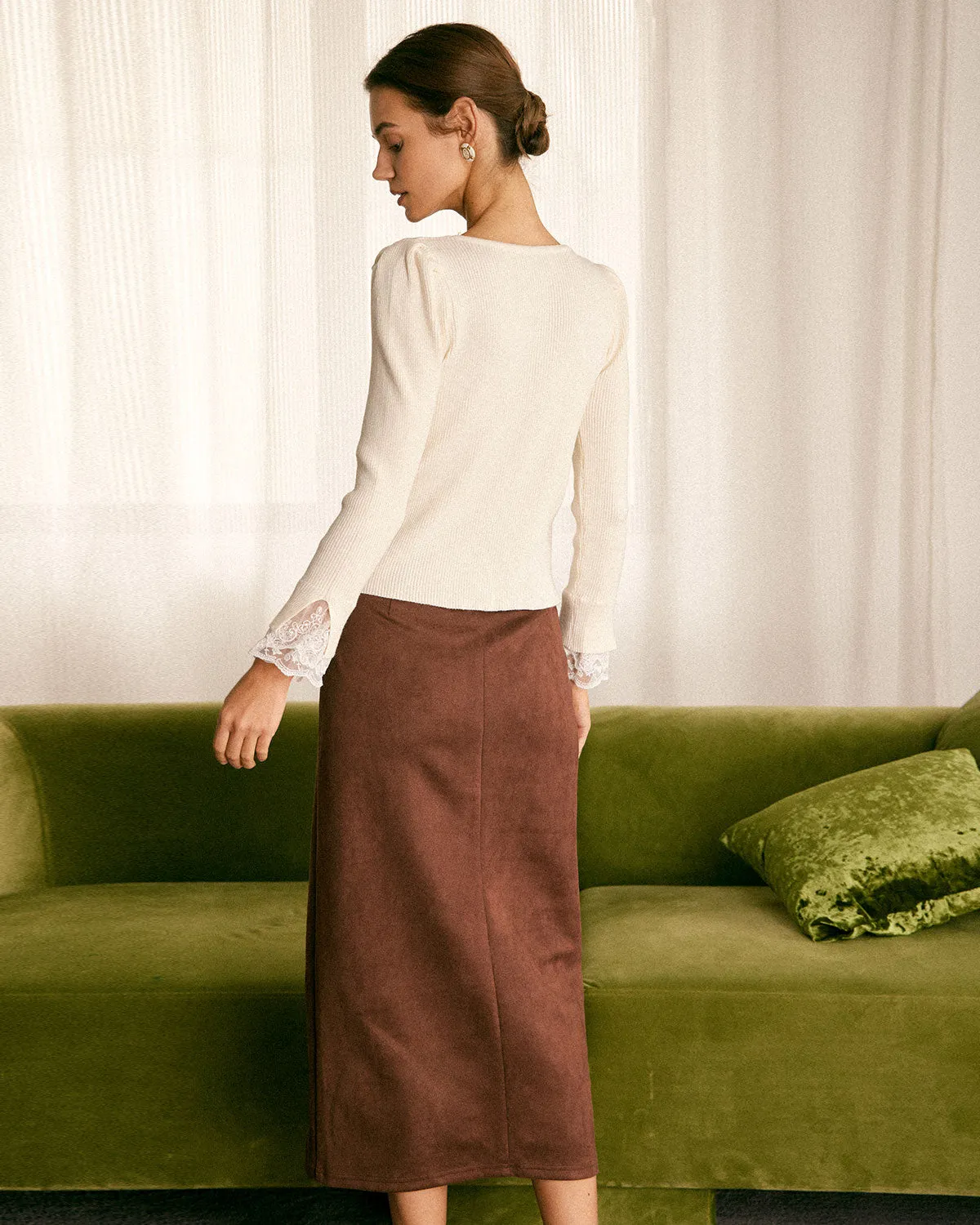 The Coffee High Waisted Suede Slit Midi Skirt